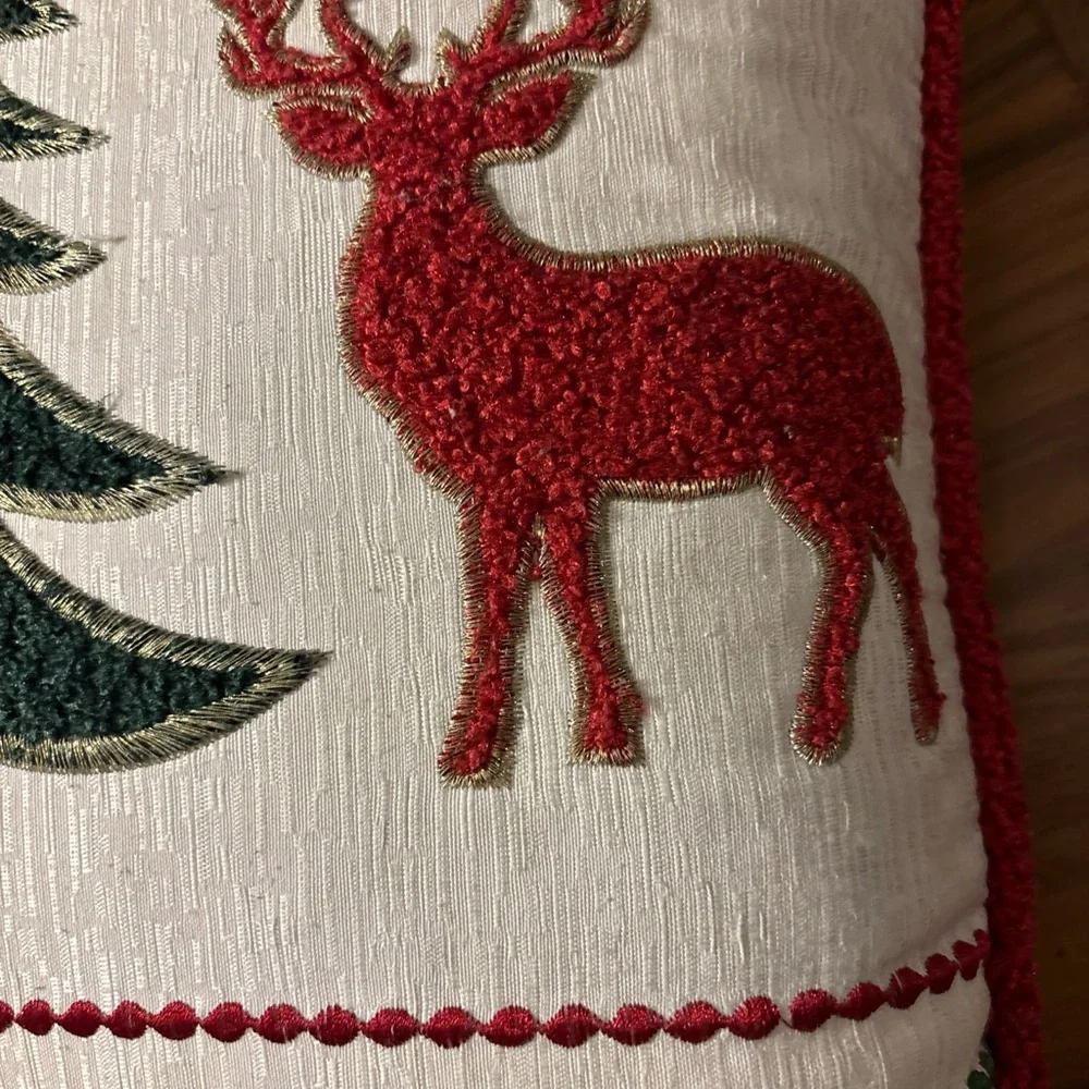Secret Celebrity Christmas Cream Throw Pillow Red Deer Green Tree 14x14
